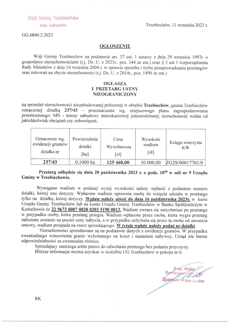 Wójt Gminy Trzebiechów ogłasza I przetarg ustny nieograniczony