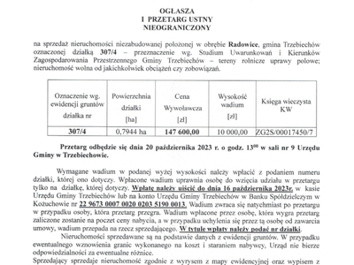 Wójt Gminy Trzebiechów ogłasza I przetarg ustny nieograniczony