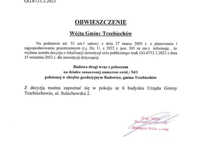 OBWIESZCZENIE Wójta Gminy Trzebiechów z dnia 15 września 2023r.