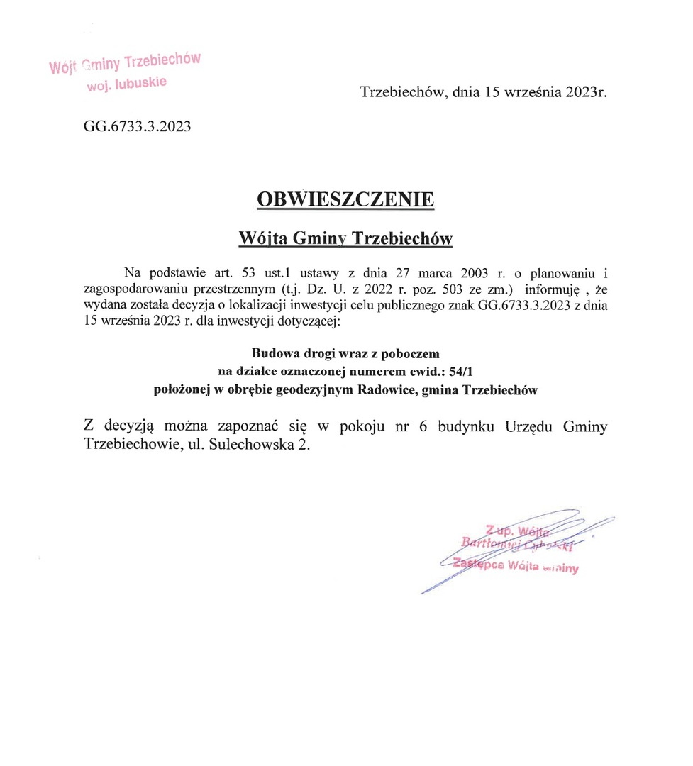 OBWIESZCZENIE Wójta Gminy Trzebiechów z dnia 15 września 2023r. 