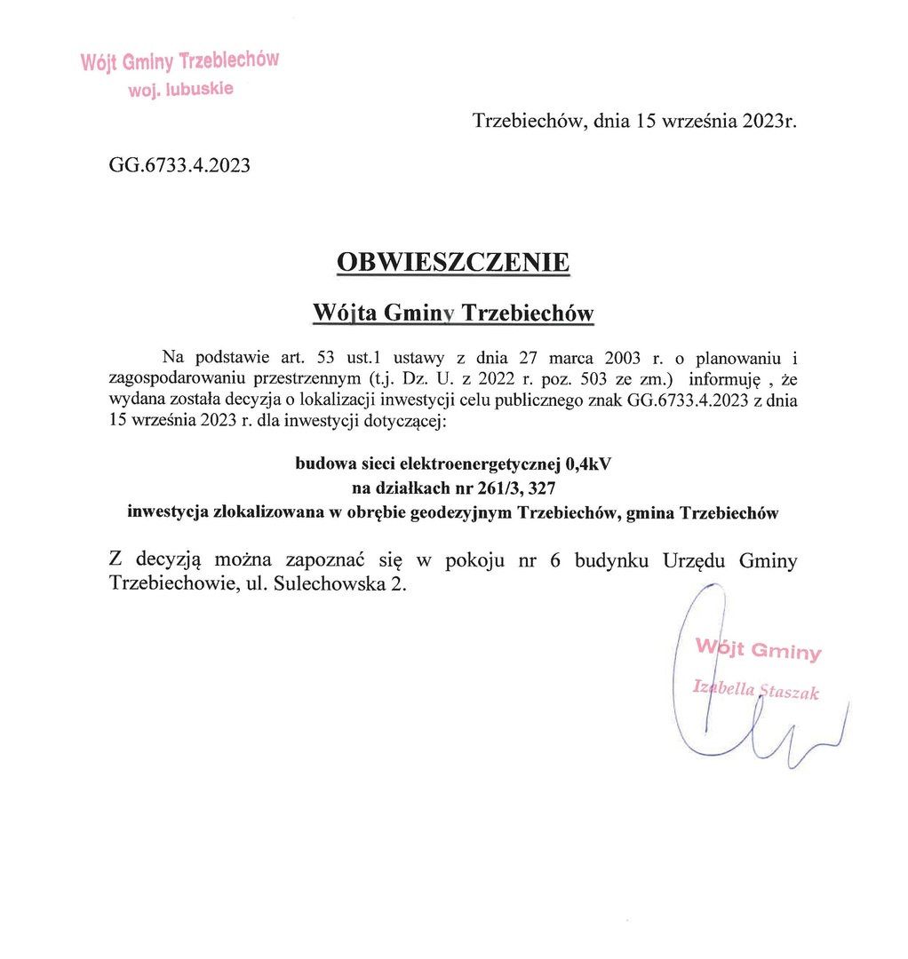OBWIESZCZENIE Wójta Gminy Trzebiechów z dnia 15 września 2023r. 