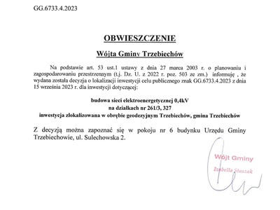 OBWIESZCZENIE Wójta Gminy Trzebiechów z dnia 15 września 2023r.