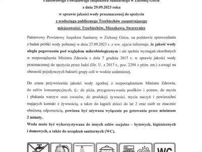 Komunikat z dnia 29.09.2023 r. w sprawie pogorszenia jakości wody przeznaczonej do spożycia przez ludzi