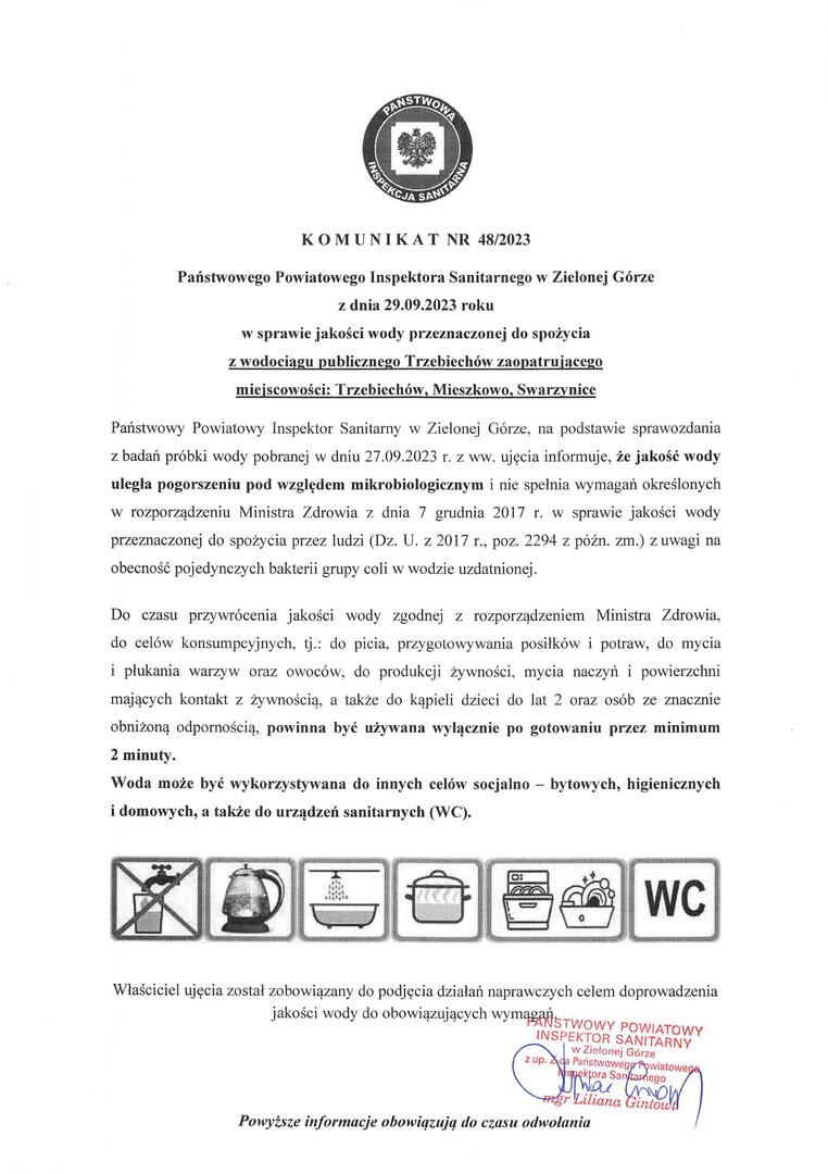 Komunikat z dnia 29.09.2023 r. w sprawie pogorszenia jakości wody przeznaczonej do spożycia przez ludzi