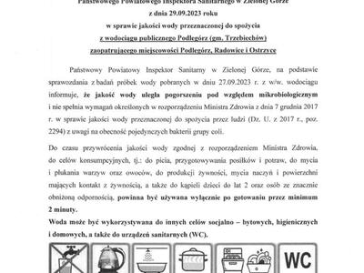 Komunikat z dnia 29.09.2023 r. w sprawie pogorszenia jakości wody przeznaczonej do spożycia przez ludzi