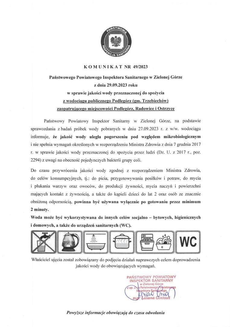 Komunikat z dnia 29.09.2023 r. w sprawie pogorszenia jakości wody przeznaczonej do spożycia przez ludzi