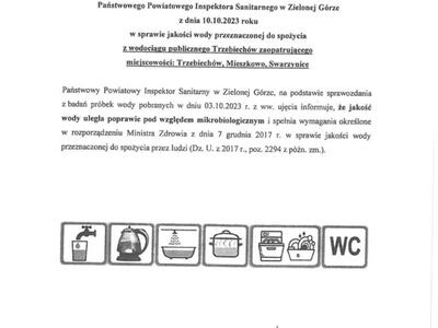 Komunikat z dnia 10.10.2023 r. w sprawie jakości wody przeznaczonej do spożycia