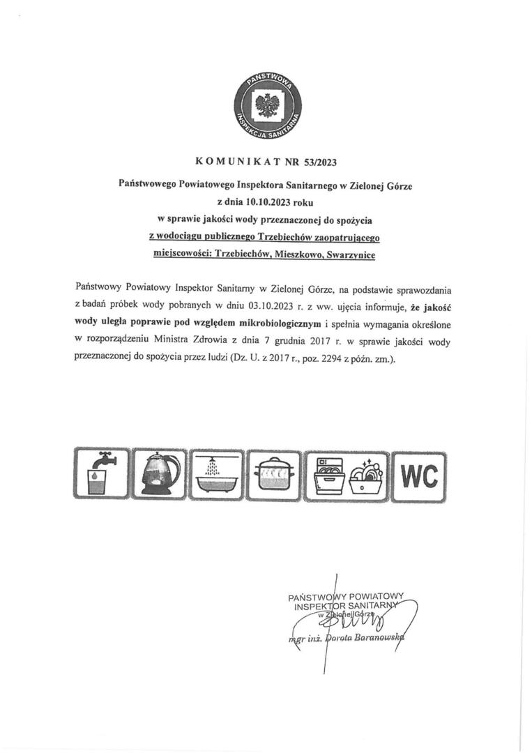 Komunikat z dnia 10.10.2023 r. w sprawie jakości wody przeznaczonej do spożycia