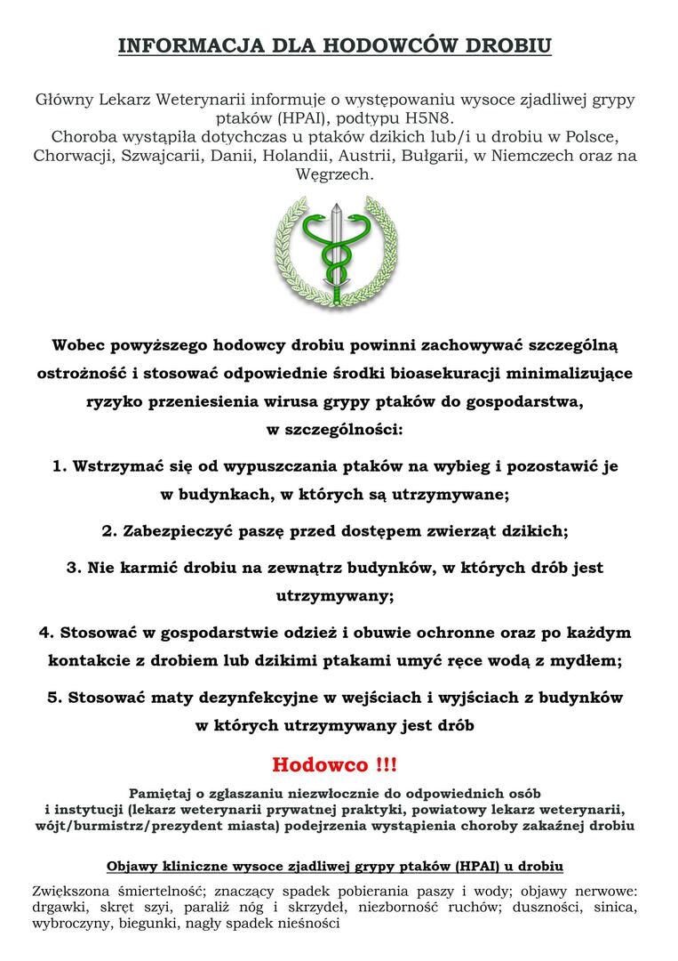 Wysoce zjadliwa grypa ptaków (HPAI)