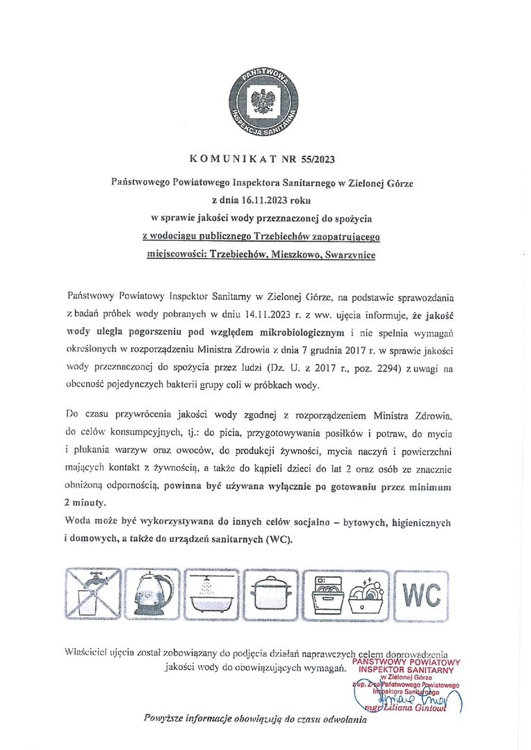 UWAGA: KOMUNIKAT DOTYCZĄCY JAKOŚCI WODY