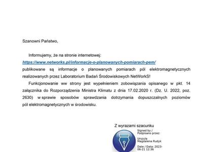 Informacje o planowanych pomiarach pól elektromagnetycznych