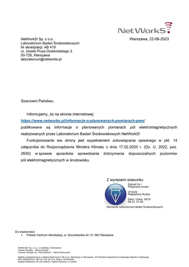
Informacje o planowanych pomiarach pól elektromagnetycznych
