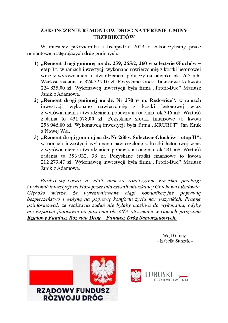 ZAKOŃCZENIE REMONTÓW DRÓG NA TERENIE GMINY TRZEBIECHÓW