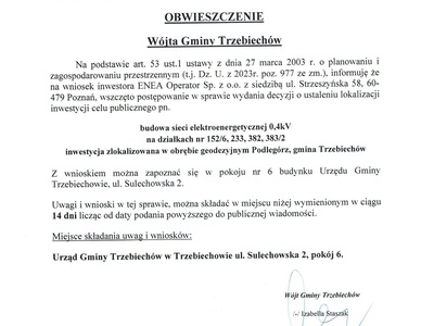 OBWIESZCZENIE Wójta Gminy Trzebiechów z dnia 29 grudnia 2023r.