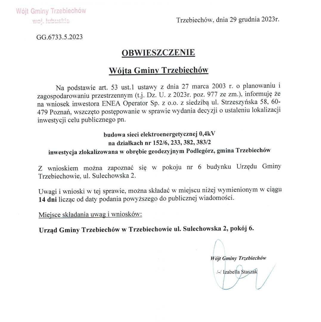OBWIESZCZENIE Wójta Gminy Trzebiechów z dnia 29 grudnia 2023r. 