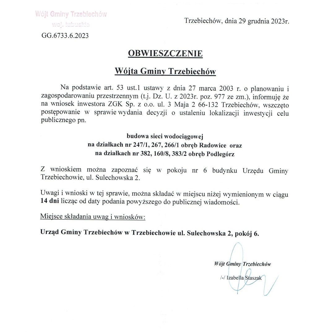 OBWIESZCZENIE Wójta Gminy Trzebiechów z dnia 29 grudnia 2023r. 
