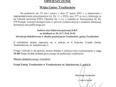 OBWIESZCZENIE Wójta Gminy Trzebiechów z dnia 29 grudnia 2023r.