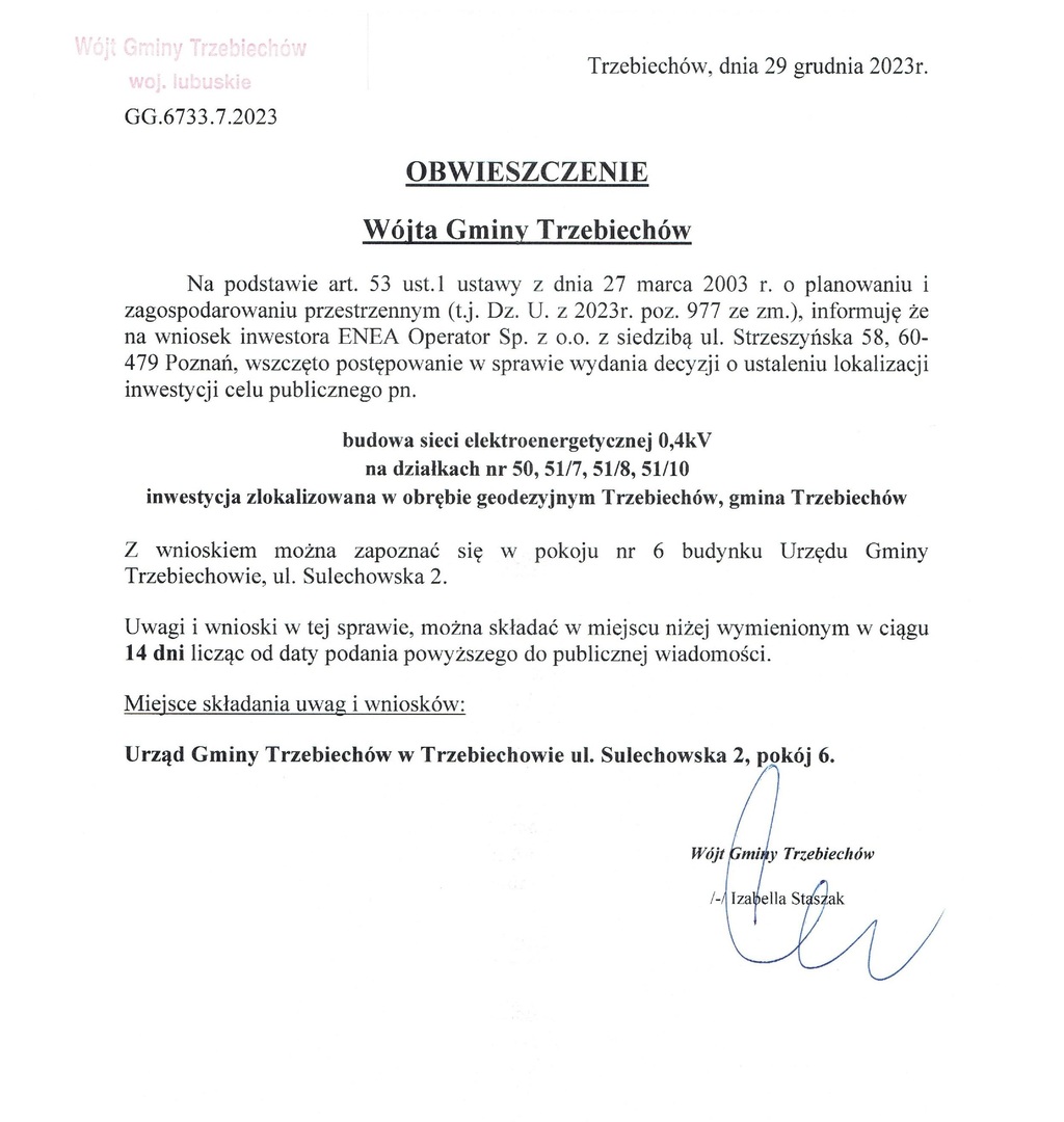 OBWIESZCZENIE Wójta Gminy Trzebiechów z dnia 29 grudnia 2023r. 