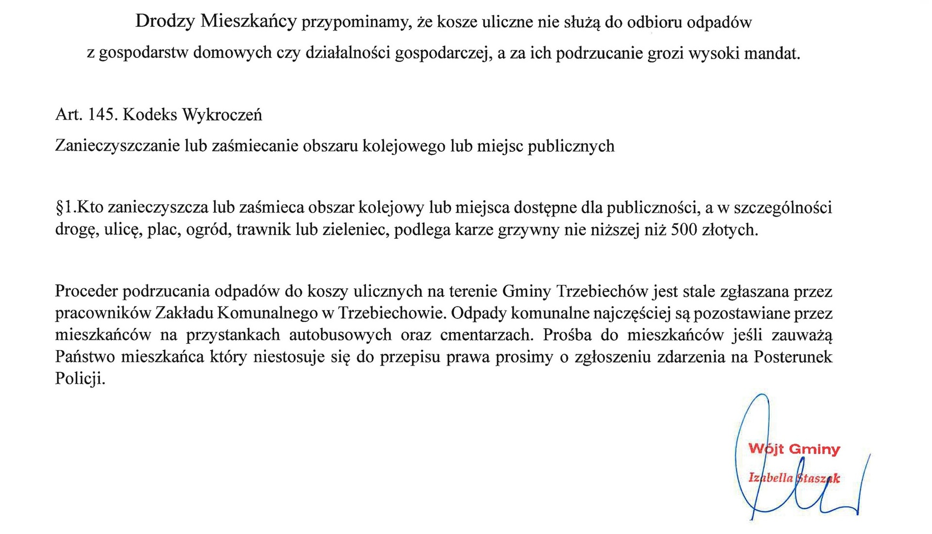 Informacja dla mieszkańców gminy Trzebiechów