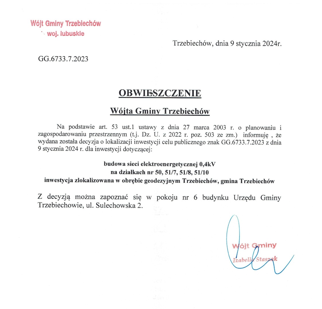 OBWIESZCZENIE Wójta Gminy Trzebiechów z dnia 29 grudnia 2023r. 