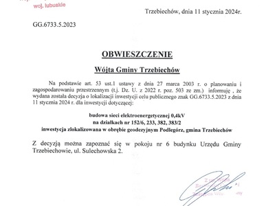 OBWIESZCZENIE Wójta Gminy Trzebiechów z dnia 11 stycznia 2024r.