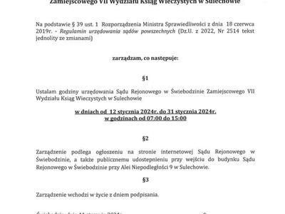 Zarządzenie Prezesa Sądu Rejonowego w Świebodzinie w sprawie ustalenia godzin urzędowania i godzin przyjmowania interesantów