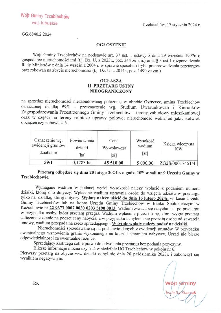 Wójt Gminy Trzebiechów ogłasza II przetarg ustny nieograniczony
