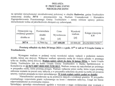 Wójt Gminy Trzebiechów ogłasza II przetarg ustny nieograniczony