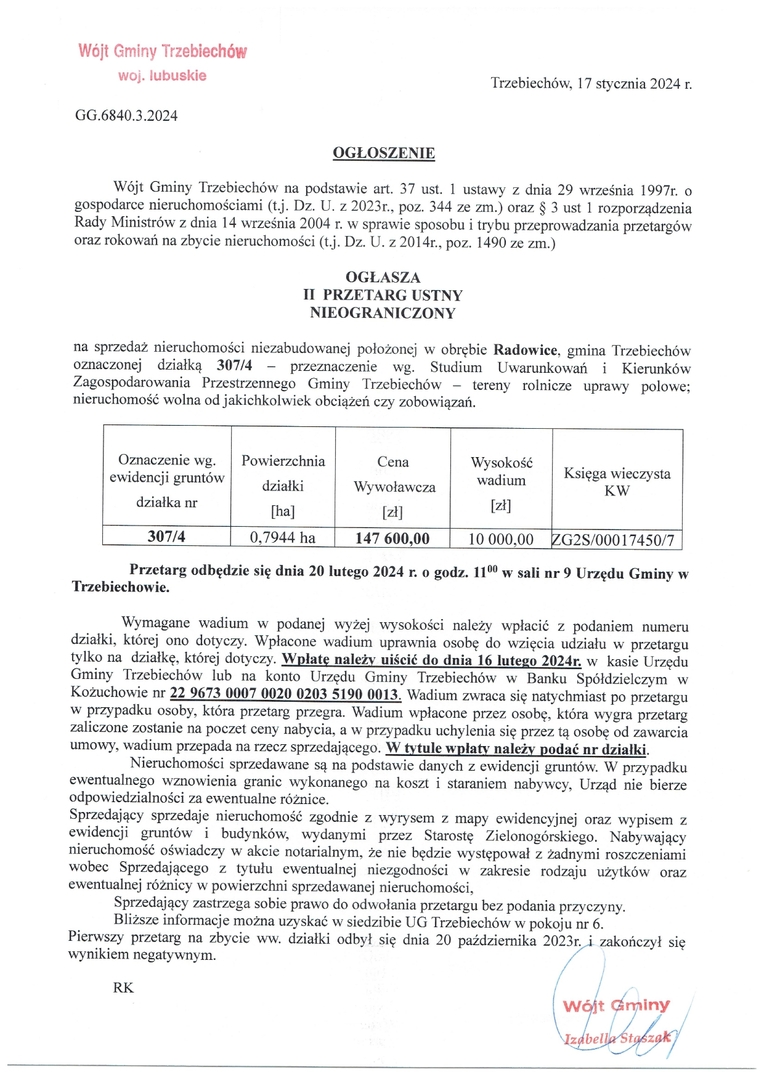 Wójt Gminy Trzebiechów ogłasza II przetarg ustny nieograniczony