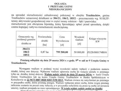 Wójt Gminy Trzebiechów ogłasza I przetarg ustny nieograniczony