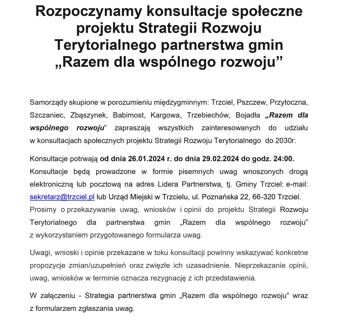 Konsultacje społeczne projektu Strategii Rozwoju Terytorialnego partnerstwa gmin „Razem dla wspólnego rozwoju”