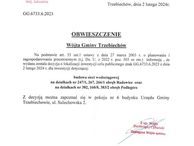 OBWIESZCZENIE Wójta Gminy Trzebiechów z dnia 02 lutego 2024r.