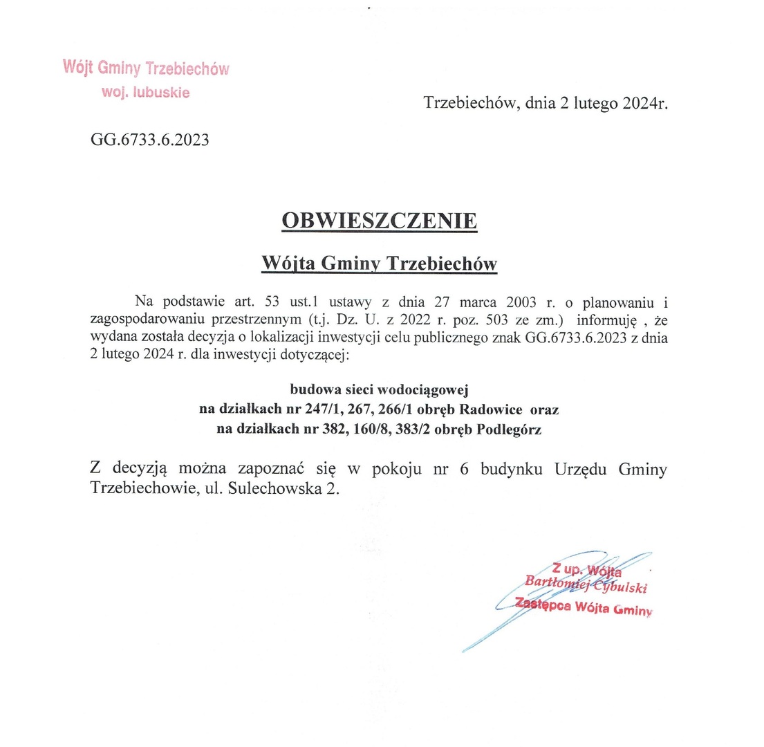  OBWIESZCZENIE Wójta Gminy Trzebiechów z dnia 02 lutego 2024r. 