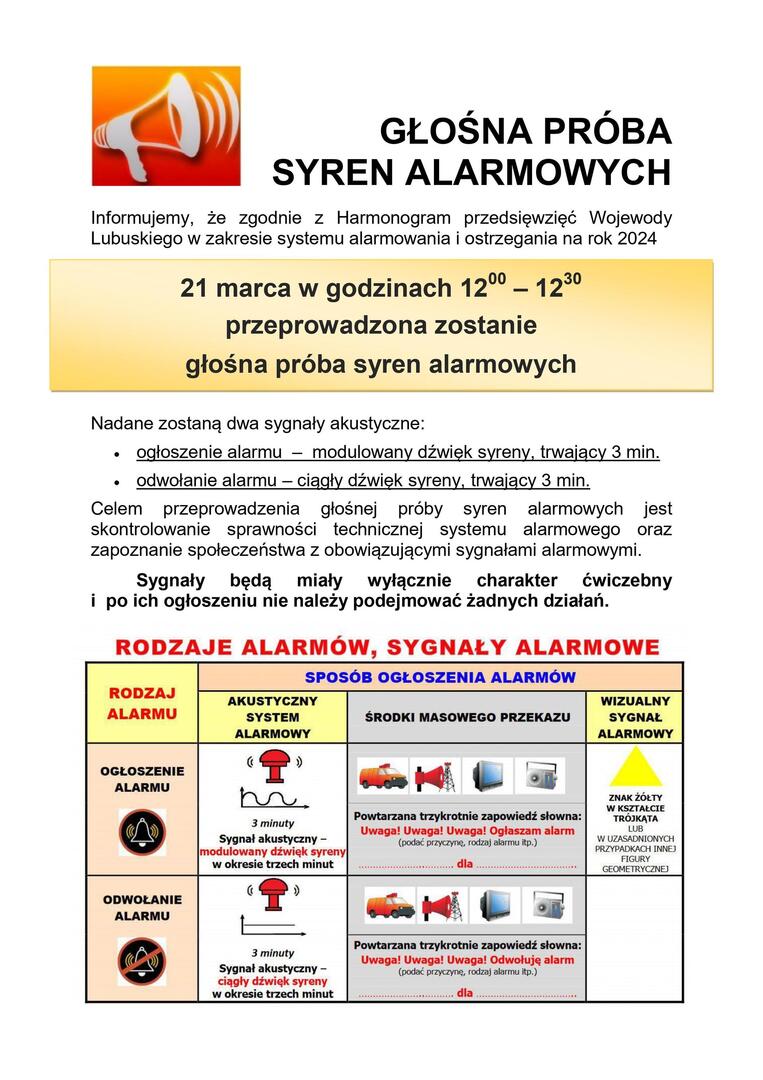 
Głośna próba syren alarmowych 21 marca 2024r.
