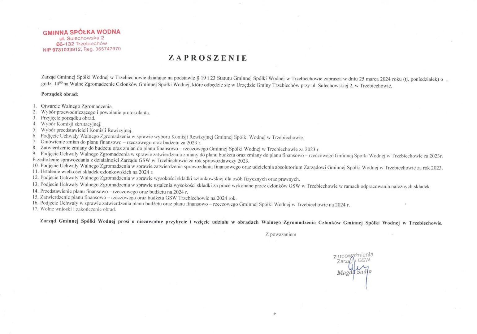 Zaproszenie na Walne Zgromadzenie Gminnej Spółki Wodnej
