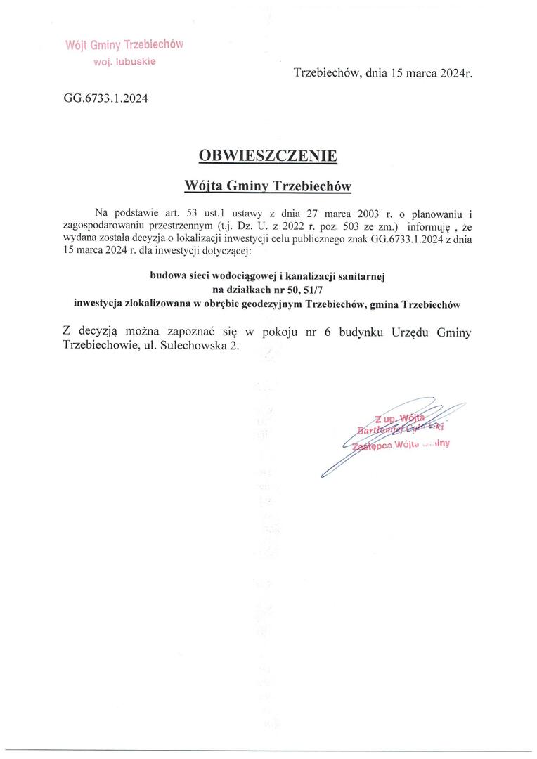 OBWIESZCZENIE Wójta Gminy Trzebiechów z dnia 15 marca 2024r. 