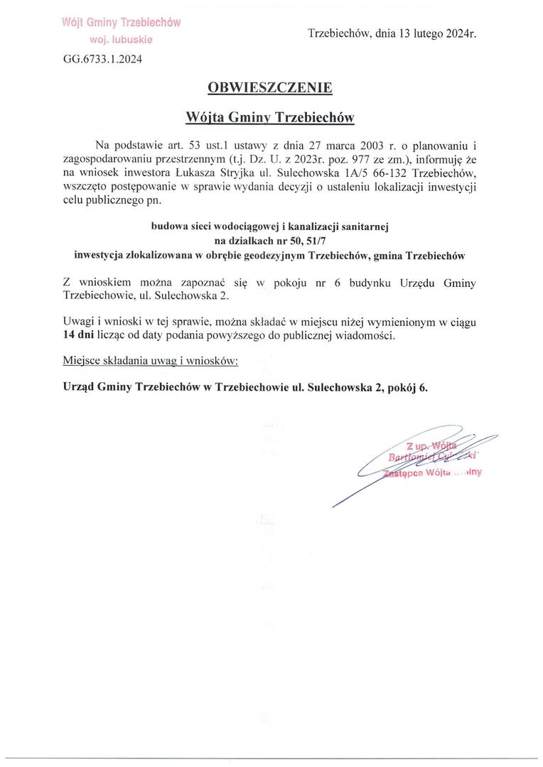 OBWIESZCZENIE Wójta Gminy Trzebiechów z dnia 13 marca 2024r. 