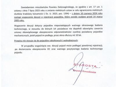 Obwieszczenie Starosty Zielonogórskiego w sprawie wygaszania decyzji o rejestracji pojazdów, które zostały wydane przed 14 marca 2005 r.