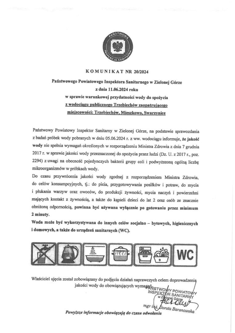 Komunikat z dnia 11.06.2024 r. w sprawie warunkowej przydatności wody do spożycia