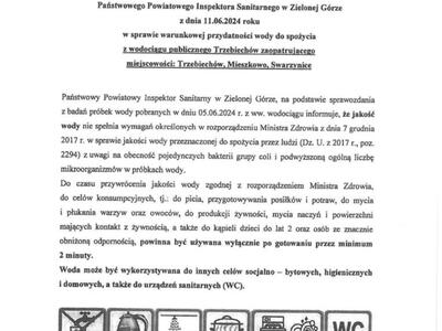 Komunikat z dnia 11.06.2024 r. w sprawie warunkowej przydatności wody do spożycia