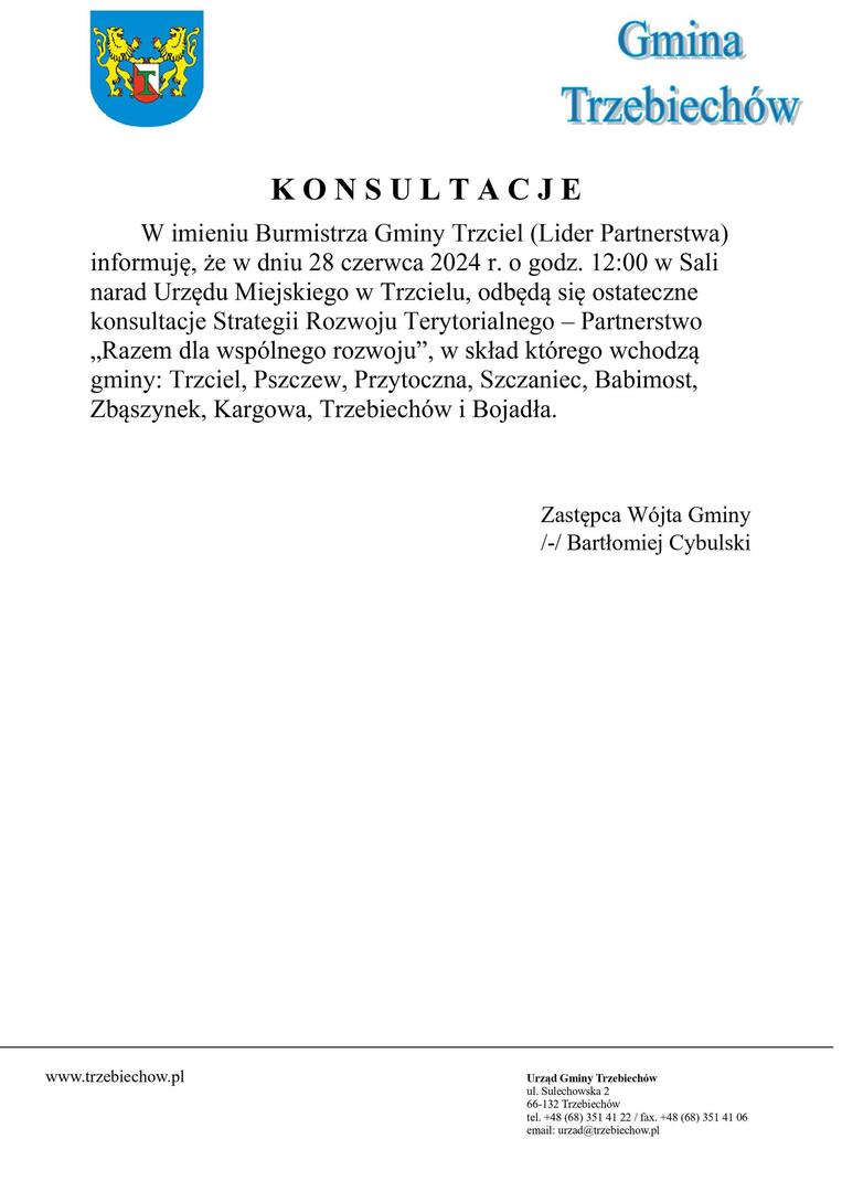 w dniu 28 czerwca 2024 r. o godz. 12:00 w Sali narad Urzędu Miejskiego w Trzcielu, odbędą się ostateczne konsultacje Strategii Rozwoju Terytorialnego – Partnerstwo „Razem dla wspólnego rozwoju”