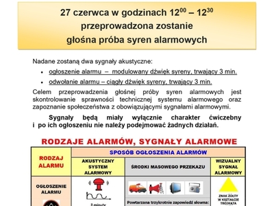 Głośna próba syren alarmowych 27 czerwca 2024 roku w godzinach od 12:00 do godziny 12:30