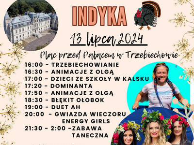 Wójt Gminy zaprasza na Święto Pieczonego Indyka, które odbędzie się 13 lipca 2024 roku przed pałacem w Trzebiechowie od godziny 16:00
