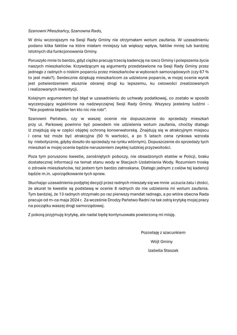 Oświadczenie Wójta Gminy Trzebiechów w sprawie absolutorium