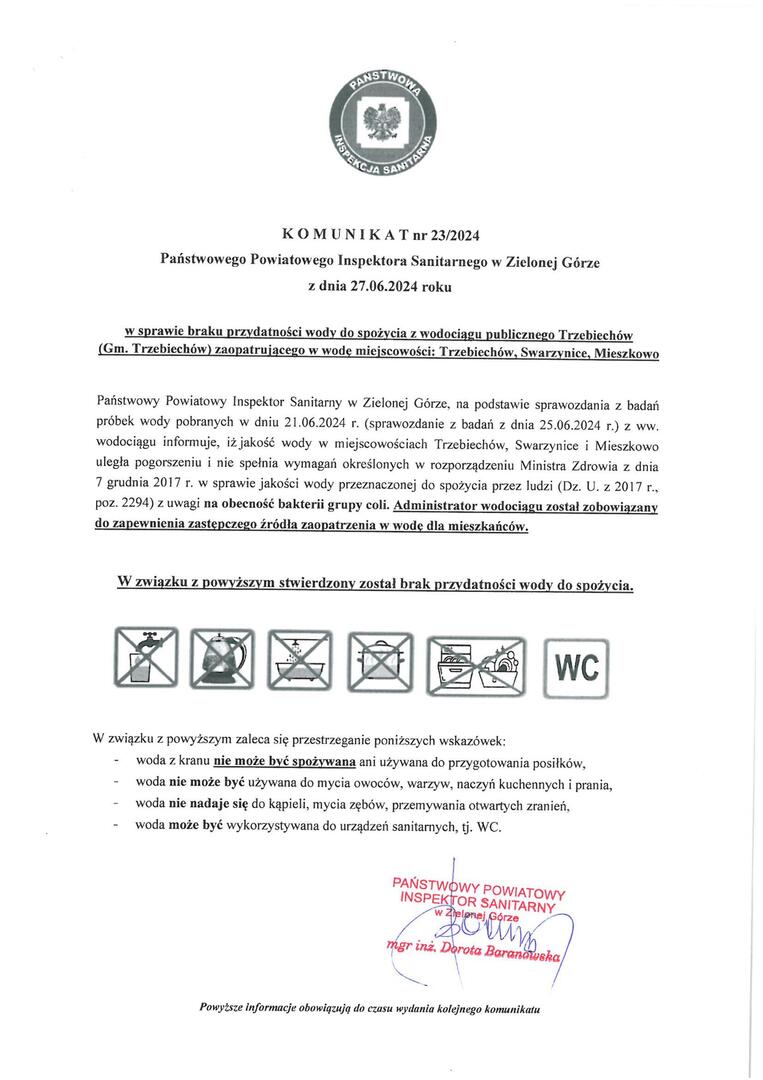 Komunikat w sprawie braku przydatności wody do spożycia