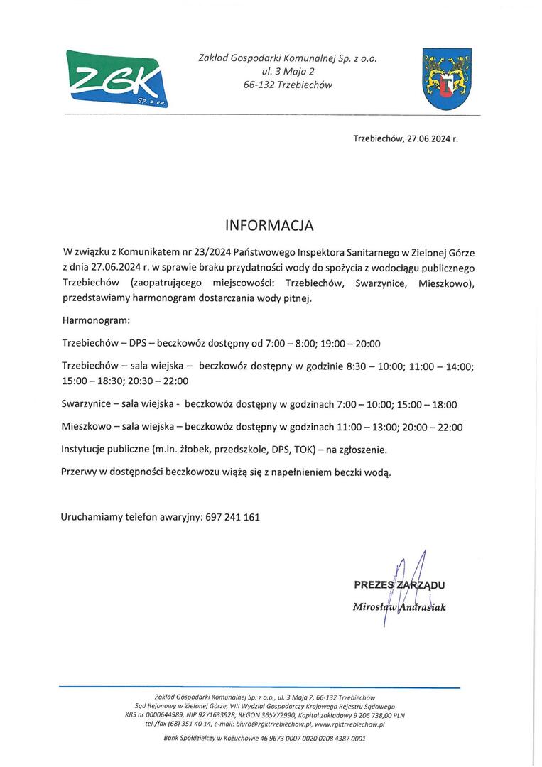 Harmonogram dostarczania wody pitnej - Trzebiechów, Swarzynice, Mieszkowo