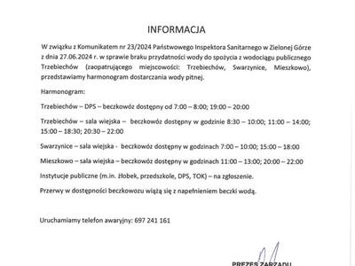 Harmonogram dostarczania wody pitnej - Trzebiechów, Swarzynice, Mieszkowo