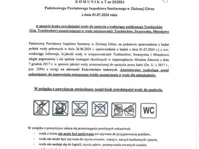 Komunikat w sprawie braku przydatności wody do spożycia