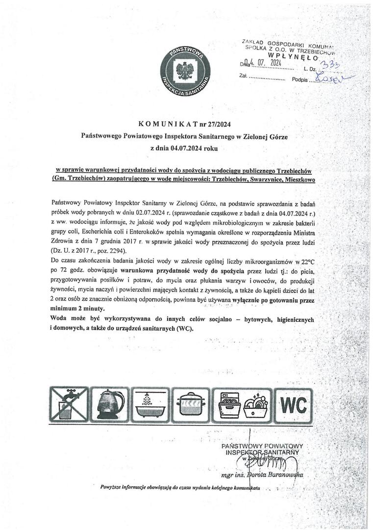 Komunikat w sprawie warunkowej przydatności wody do spożycia