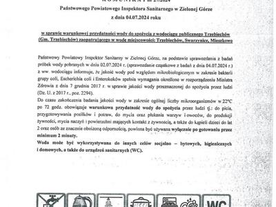 Komunikat w sprawie warunkowej przydatności wody do spożycia